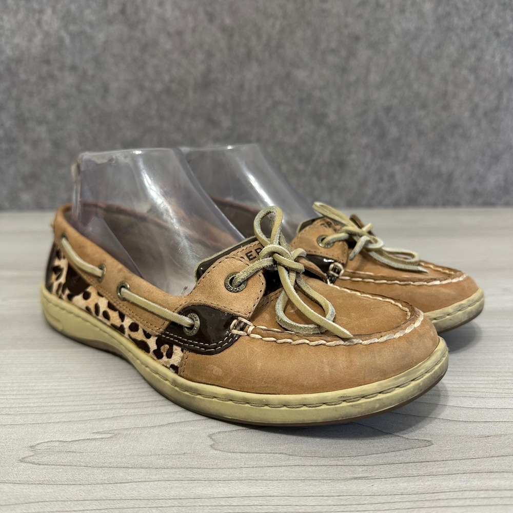Sperry Angelfish Boat Shoes Womens 8‎ Tan Leopard Print Leather Casual Loafers